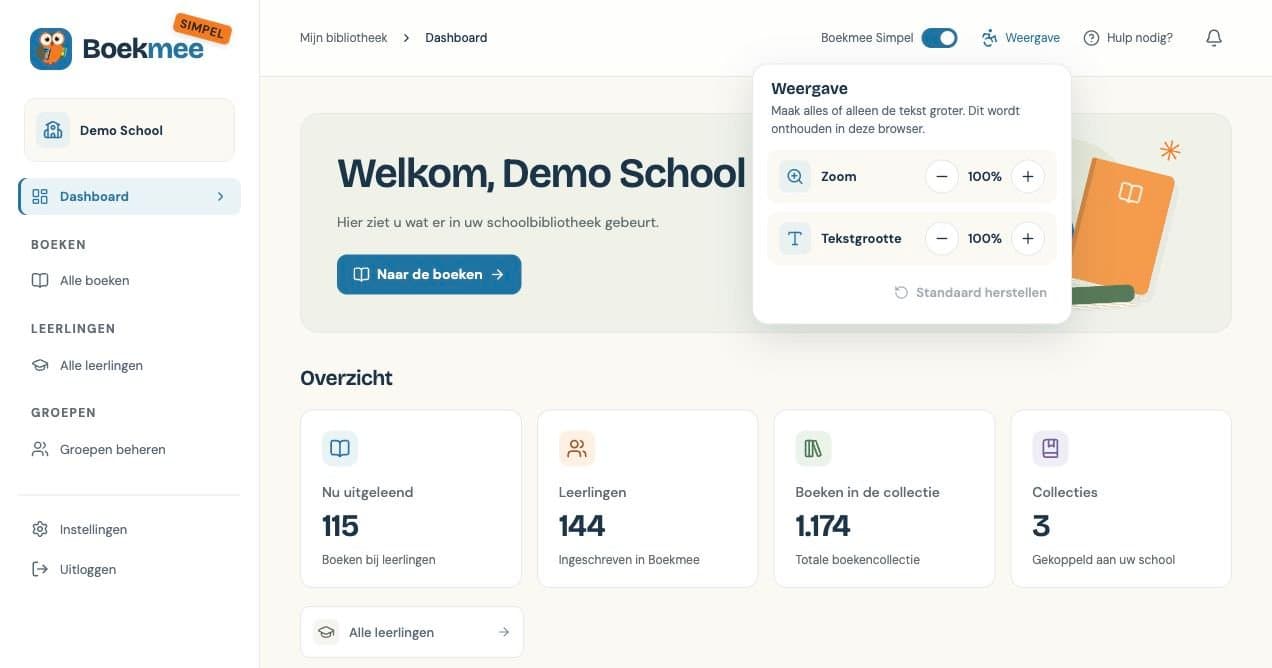 Het Boekmee-dashboard met het menu Weergave geopend, waarin je Zoom en Tekstgrootte afzonderlijk kunt aanpassen.