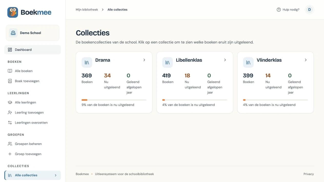 Het collectieoverzicht met meerdere schoolcollecties, aantallen boeken en uitleningen