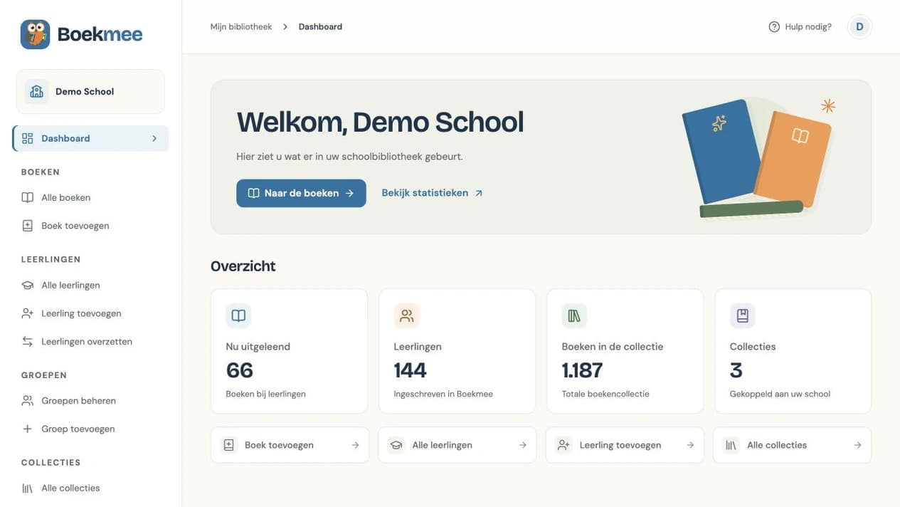 Het Boekmee v3-dashboard met aantallen uitgeleende boeken, leerlingen en collecties