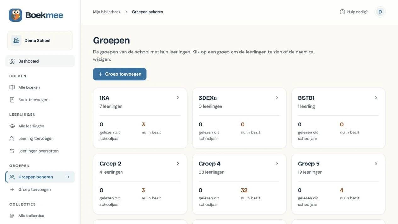 Het groepenoverzicht met eigen groepsnamen, aantallen leerlingen en uitgeleende boeken