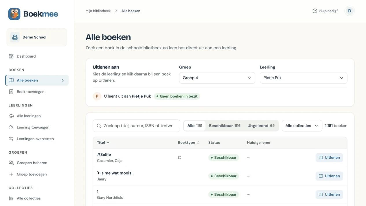 Voorbeeld van het boekenoverzicht met de groep, leerling en beschikbaarheid van boeken
