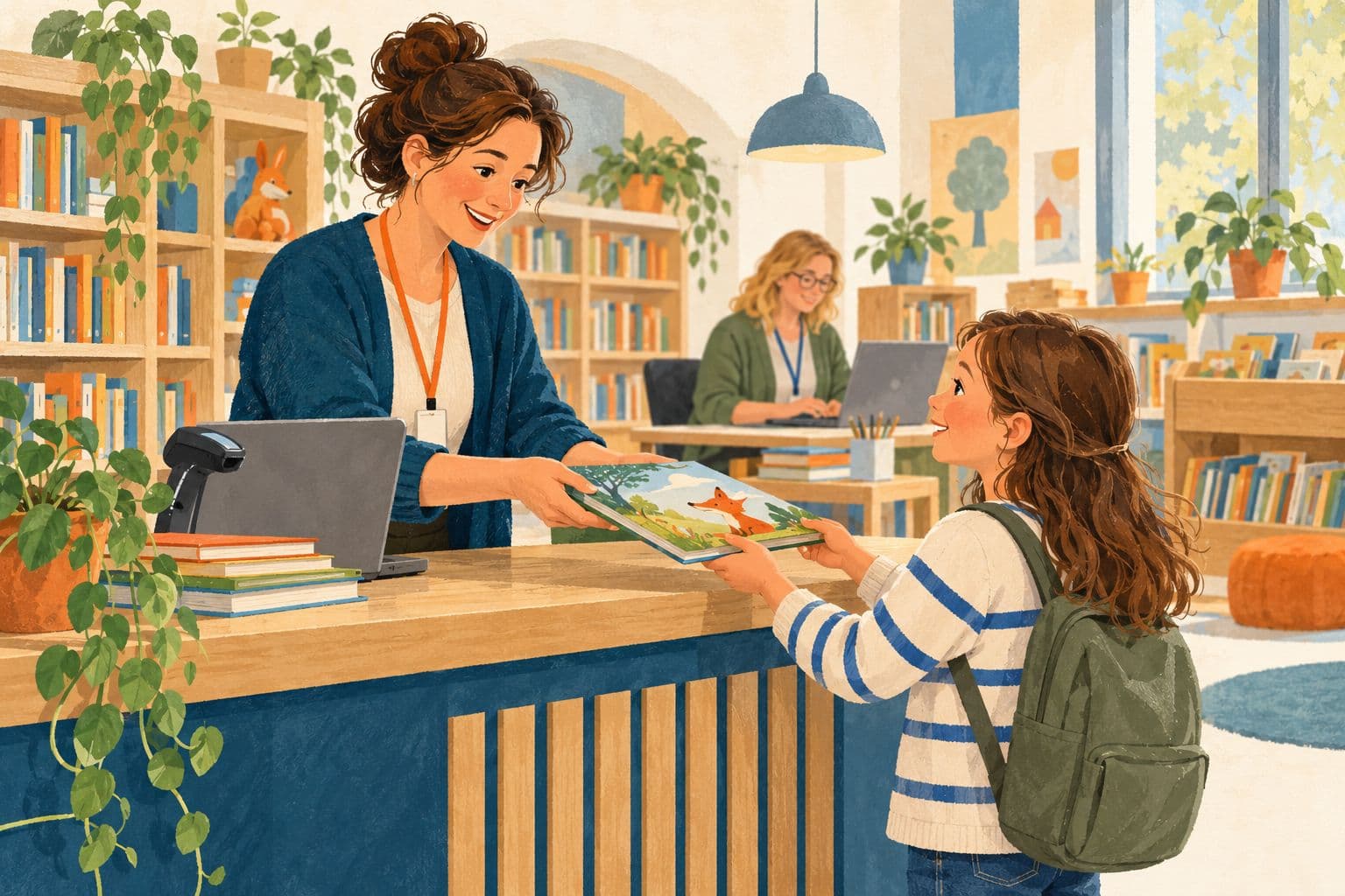 Warme illustratie van een leesouder die achter de uitleenbalie een prentenboek aan een kind geeft, terwijl een leerkracht op de achtergrond aan een laptop werkt.