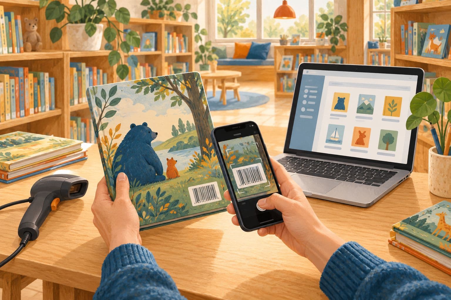 Warme illustratie van een eiken bureau in de schoolbibliotheek met een USB-barcodescanner, een telefoon die de barcode van een kinderboek scant en een laptop.
