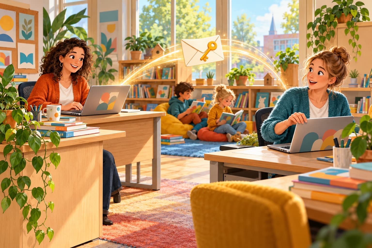 Warme illustratie van een leesconsulent aan een bureau die vanaf een laptop een uitnodiging verstuurt, met een envelop met een sleuteltje die naar een collega aan een ander bureau vliegt.