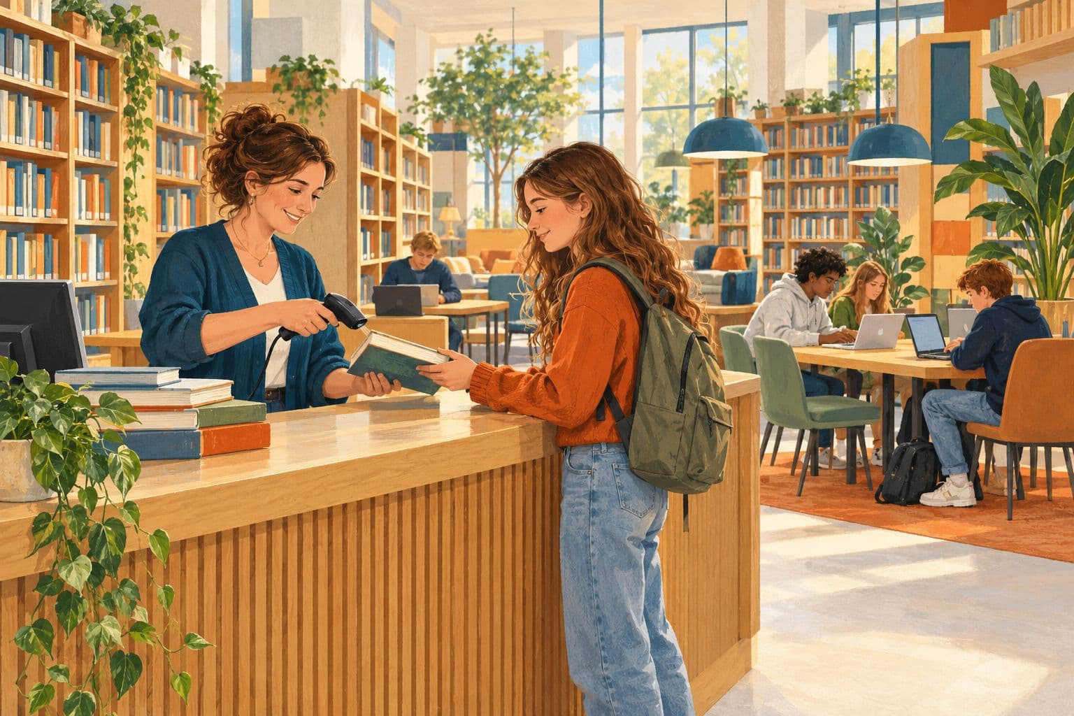 Warme illustratie van een moderne mediatheek op een middelbare school waar een mediathecaris een boek scant voor een leerling, terwijl andere tieners aan tafels werken.