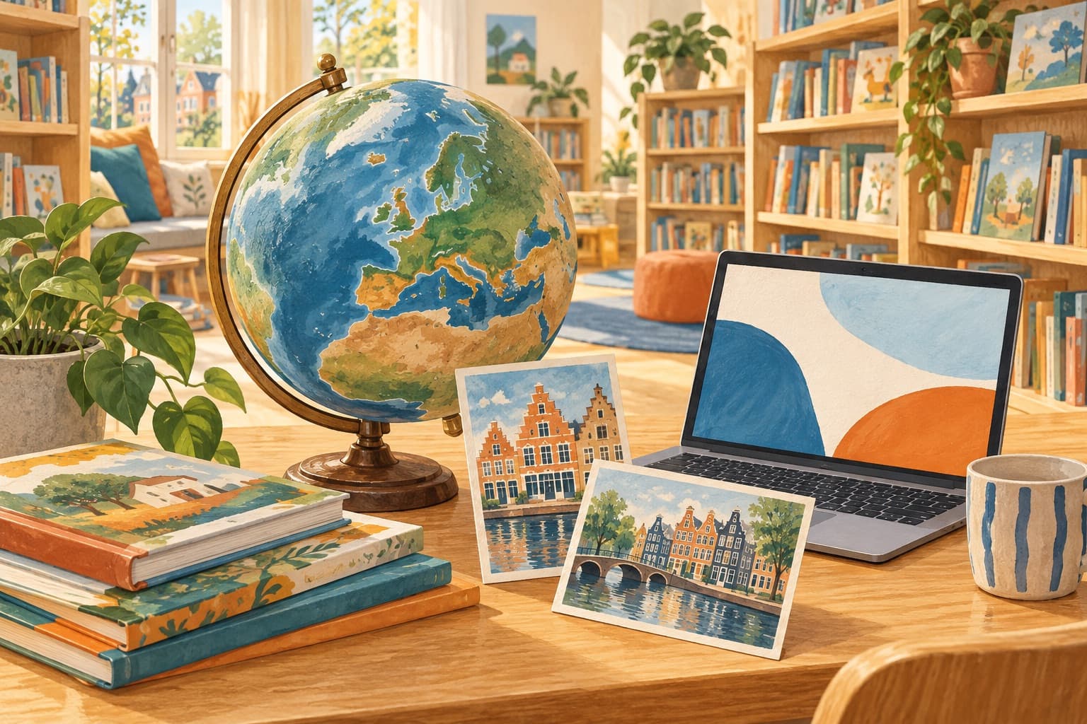 Warme illustratie van een leeshoek in een schoolbibliotheek met een globe die op West-Europa is gedraaid, een stapel prentenboeken en ansichtkaarten met Vlaamse trapgevels en Nederlandse grachtenpanden.