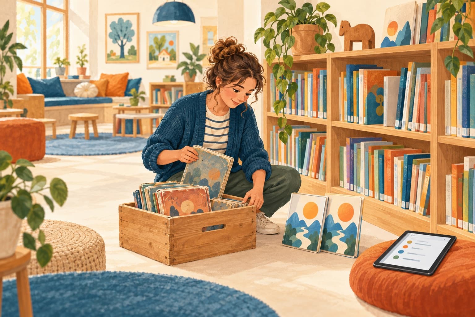 Warme illustratie van een bibliotheekmedewerker die bij een lage eiken kast versleten boeken in een krat legt, met twee gelijke exemplaren apart en een tablet op een kussen.