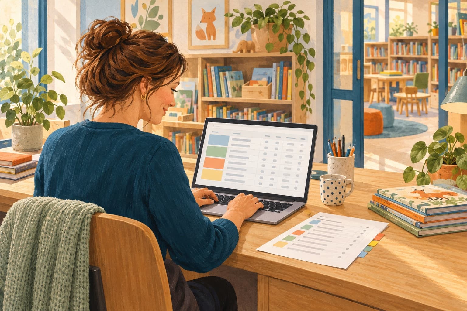 Warme illustratie van een medewerker op het schoolkantoor die op een laptop een lijst leerlingen in gekleurde groepen bijwerkt, met een uitgeprinte klassenlijst ernaast.