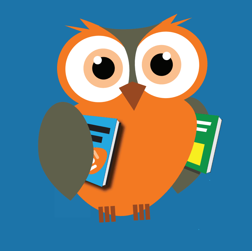 De Boekmee-uil met twee boeken onder zijn vleugels