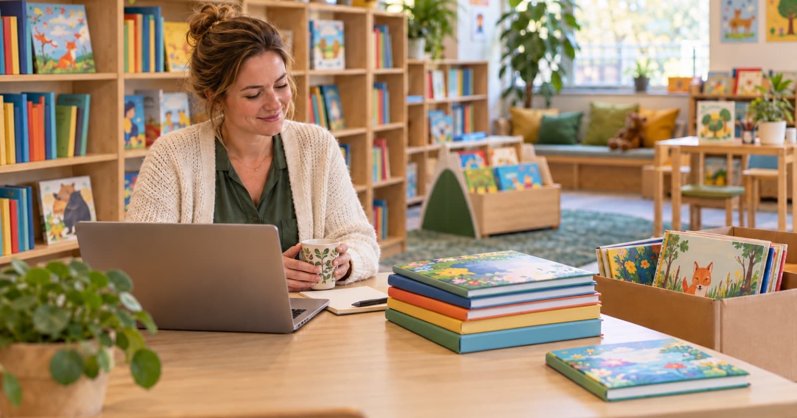 AI-gegenereerd sfeerbeeld van een leerkracht met een laptop aan een tafel in een gezellige schoolbibliotheek, naast een stapel nieuwe kinderboeken.