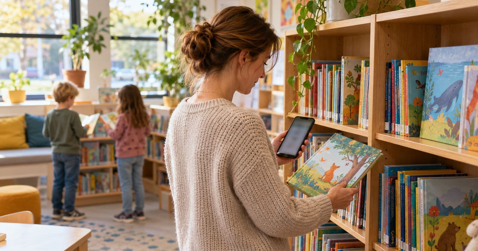 AI-gegenereerd sfeerbeeld van een leesouder die bij de boekenkast in een schoolbibliotheek op een telefoon kijkt, met op de achtergrond kinderen die boeken uitzoeken.