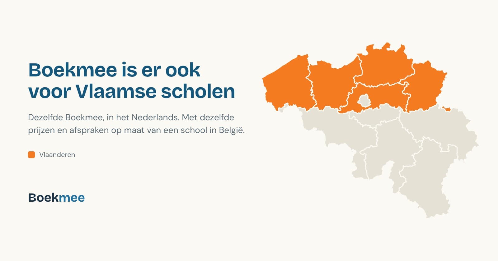 Kaart van België met Vlaanderen in het oranje, naast de tekst Boekmee is er ook voor Vlaamse scholen.