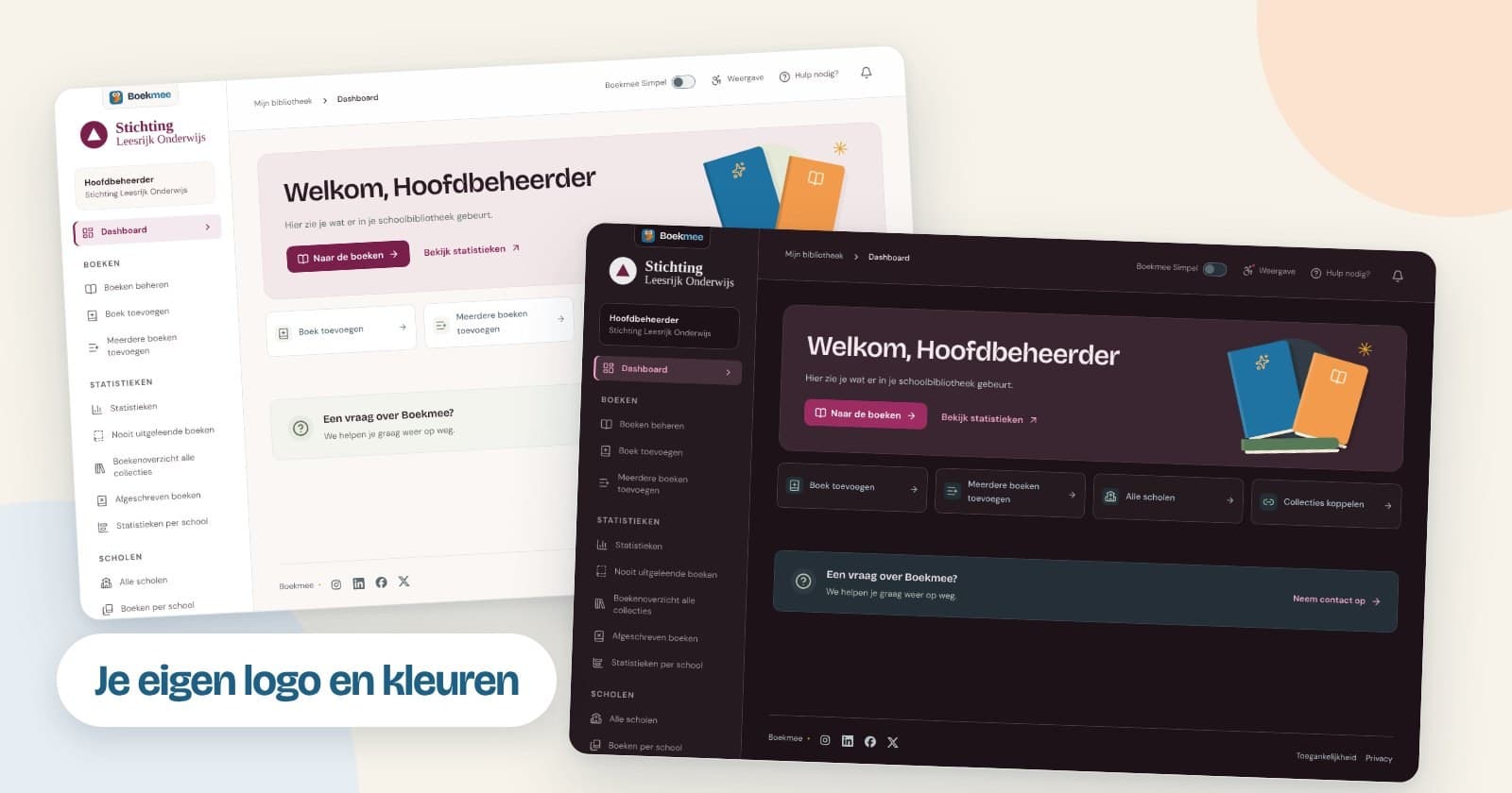 Het Boekmee-dashboard in de eigen kleuren en met het logo van een voorbeeldorganisatie, in de normale en in de donkere modus.