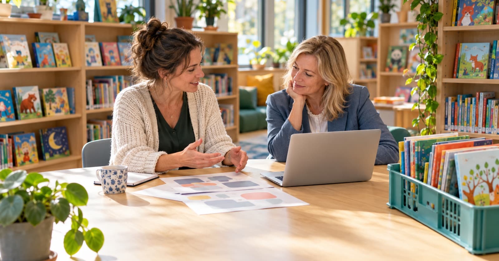 AI-gegenereerd sfeerbeeld van een schoolleider en een leesconsulent van de bibliotheek die aan een tafel in een schoolbibliotheek een plan bespreken, met een krat prentenboeken.