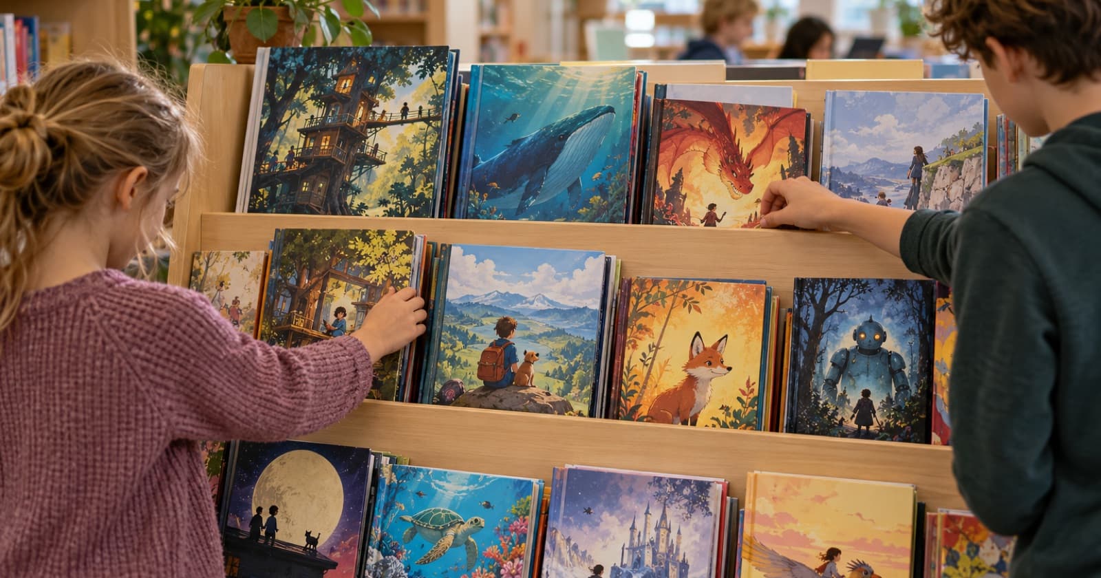 AI-gegenereerd sfeerbeeld van twee kinderen die in een schoolbibliotheek kinderboeken en stripromans pakken van een uitstalkast.
