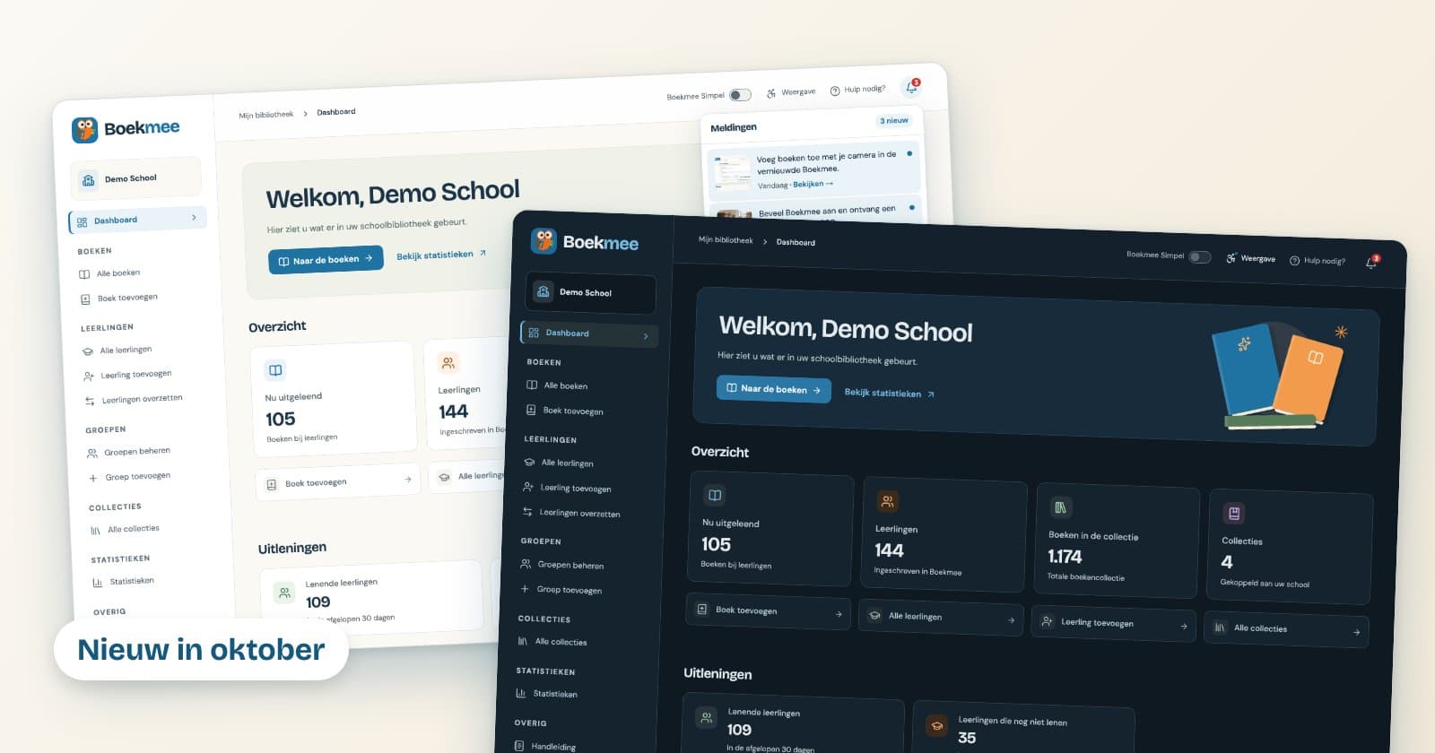 Het vernieuwde Boekmee-dashboard in licht, met het belletje met meldingen opengeklapt, en in donkere modus.