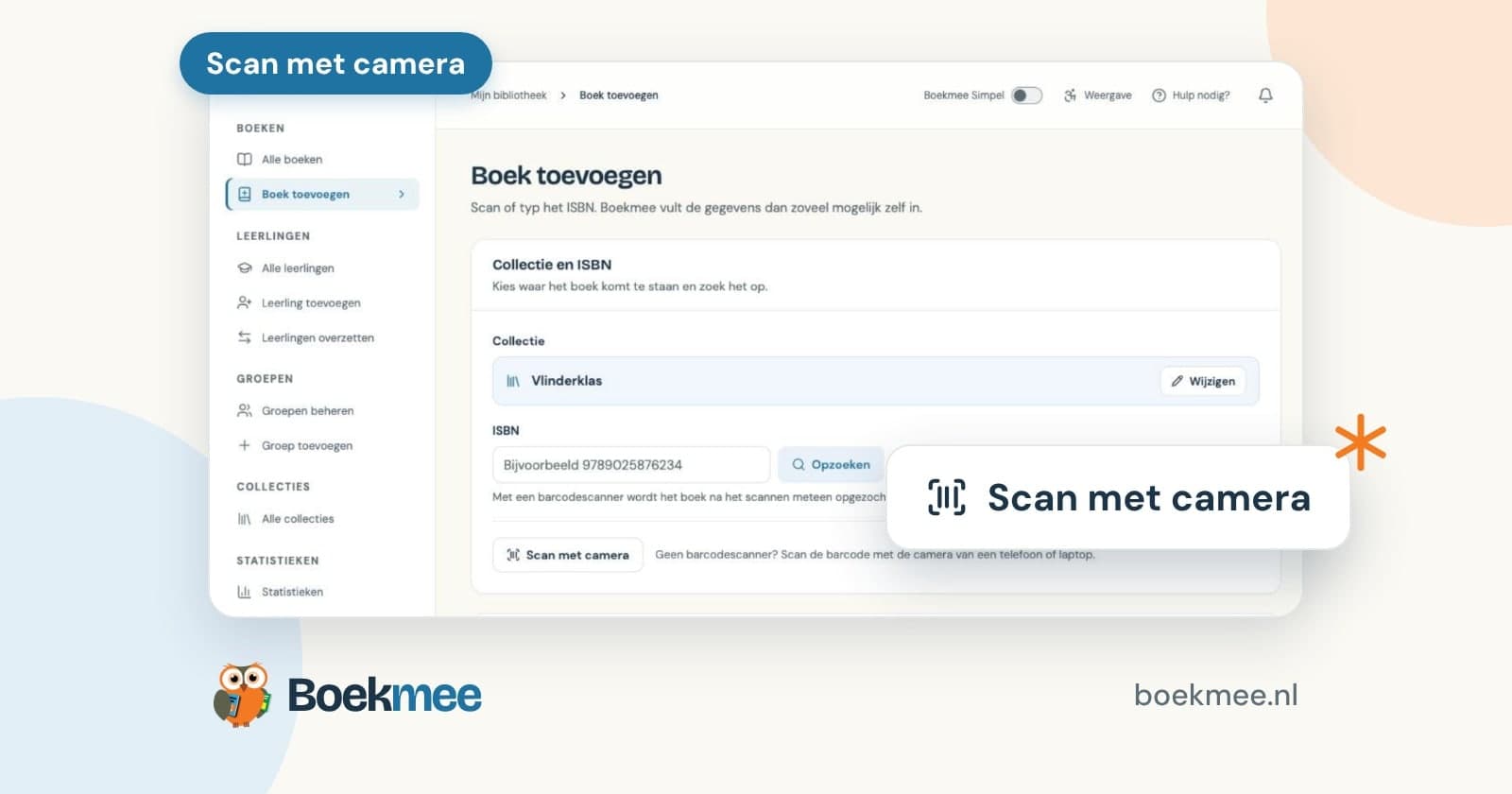 Boek toevoegen in het Boekmee-dashboard, met de knop Scan met camera uitvergroot.