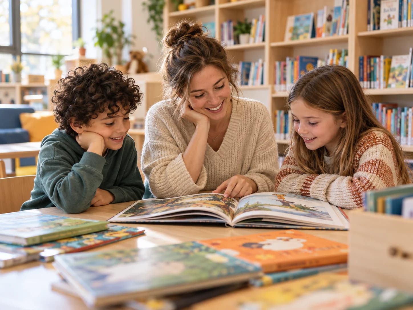 Een leerkracht en twee kinderen ontdekken samen een boek in een lichte schoolbibliotheek