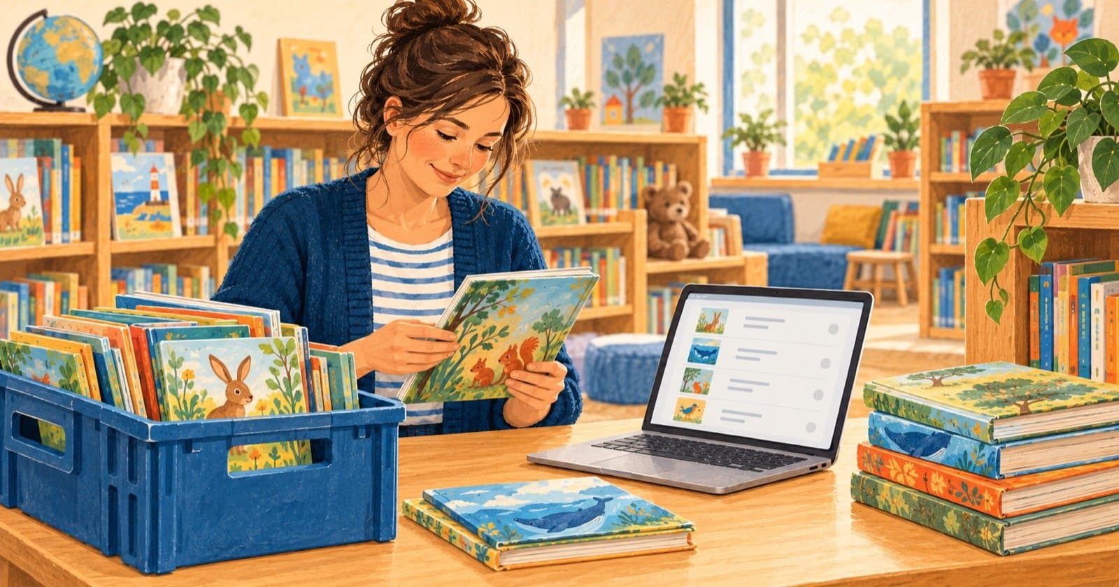 Warme illustratie van een bibliotheekvrijwilliger die eigen schoolboeken en boeken uit een bibliotheekkrat apart sorteert, met een laptop op tafel.