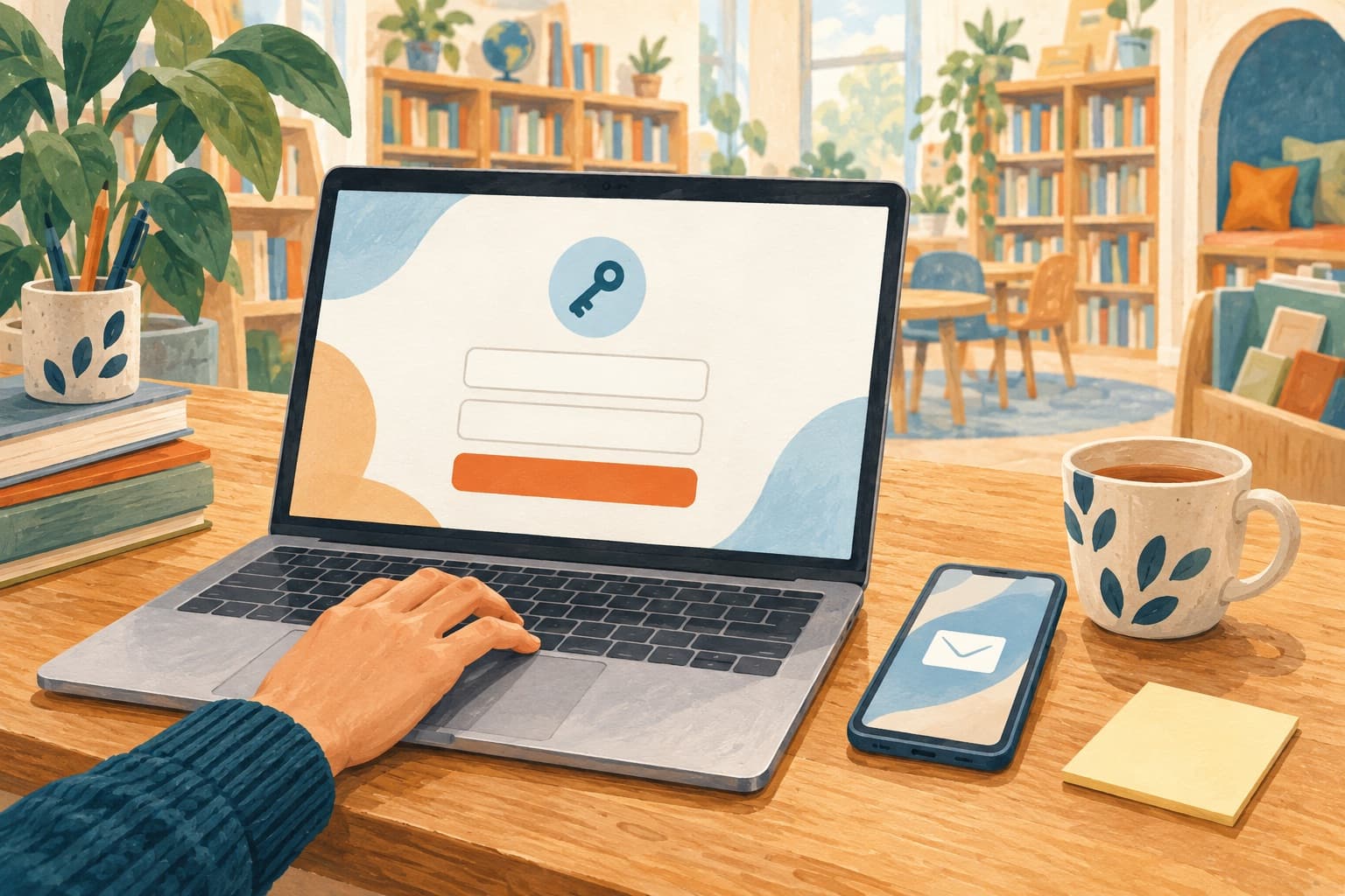 Warme illustratie van een laptop met een eenvoudig inlogscherm en een sleutelsymbool, een hand op het toetsenbord en een telefoon met een envelop ernaast.