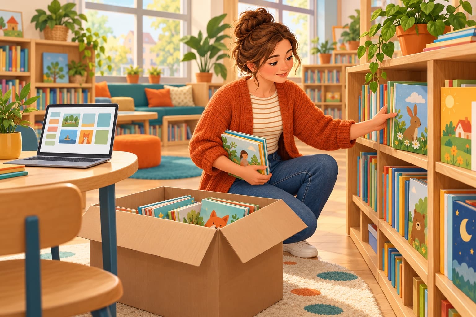 Warme illustratie van een leescoördinator in een schoolbibliotheek die een verhuisdoos vol kinderboeken uitpakt bij een lage eiken kast, met een laptop op tafel ernaast.