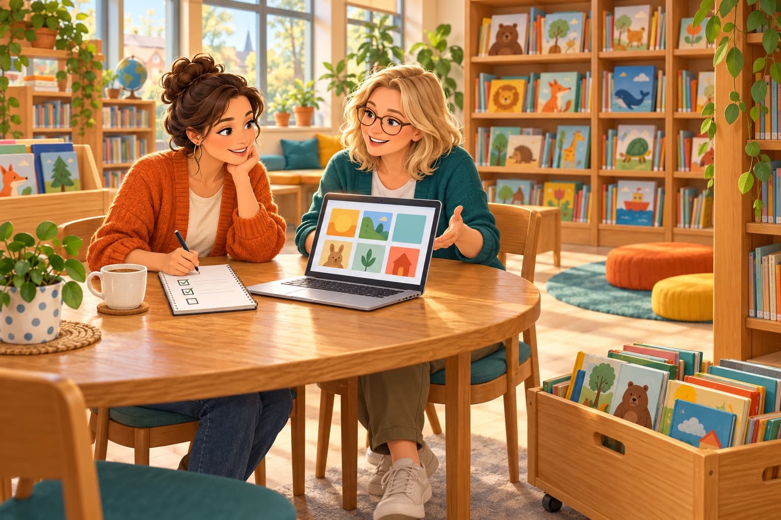 Warme illustratie van een leerkracht en een leesconsulent van de bibliotheek die aan een eiken tafel in de schoolbibliotheek overleggen, met een laptop, een kop koffie, een checklist en een krat met wisselcollectieboeken.