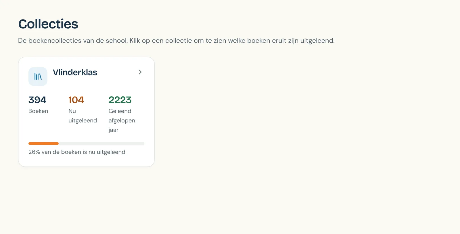 De pagina Collecties met een collectie: het aantal boeken, hoeveel er nu zijn uitgeleend en een balk met het deel dat is uitgeleend.