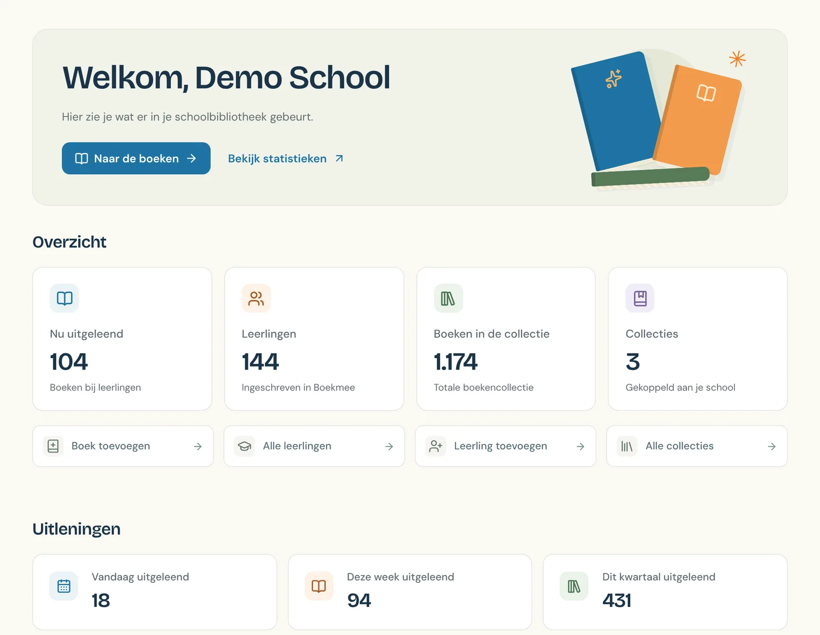 Het dashboard van Boekmee met bovenaan de knop Naar de boeken, daaronder het Overzicht met vier blokken en snelknoppen, en het begin van Uitleningen.