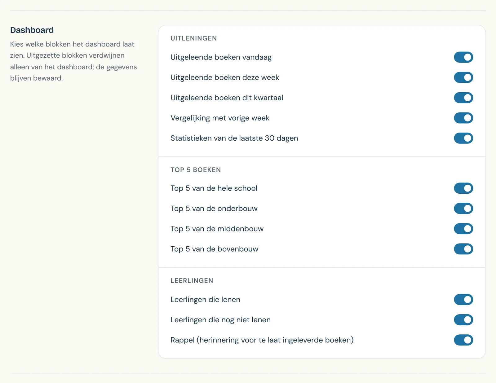 Het deel Dashboard bij Instellingen met schakelaars voor de blokken bij Uitleningen, Top 5 boeken en Leerlingen.