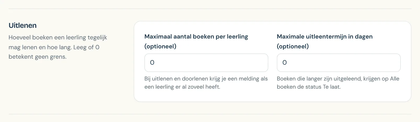Het deel Uitlenen bij Instellingen met de velden Maximaal aantal boeken per leerling en Maximale uitleentermijn in dagen.