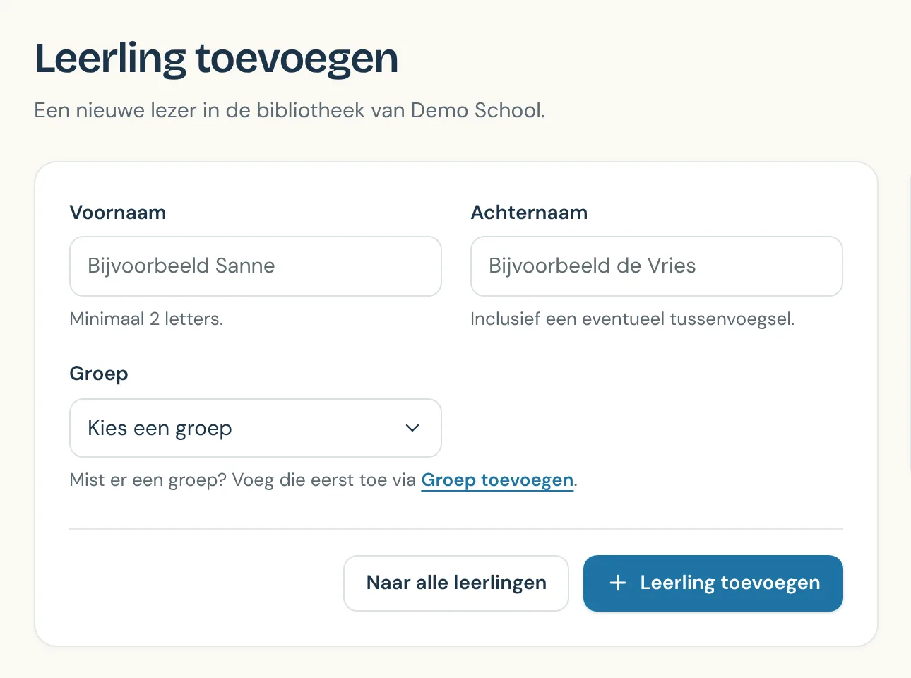 Het formulier Leerling toevoegen met de velden Voornaam, Achternaam en Groep, en de knop Leerling toevoegen.