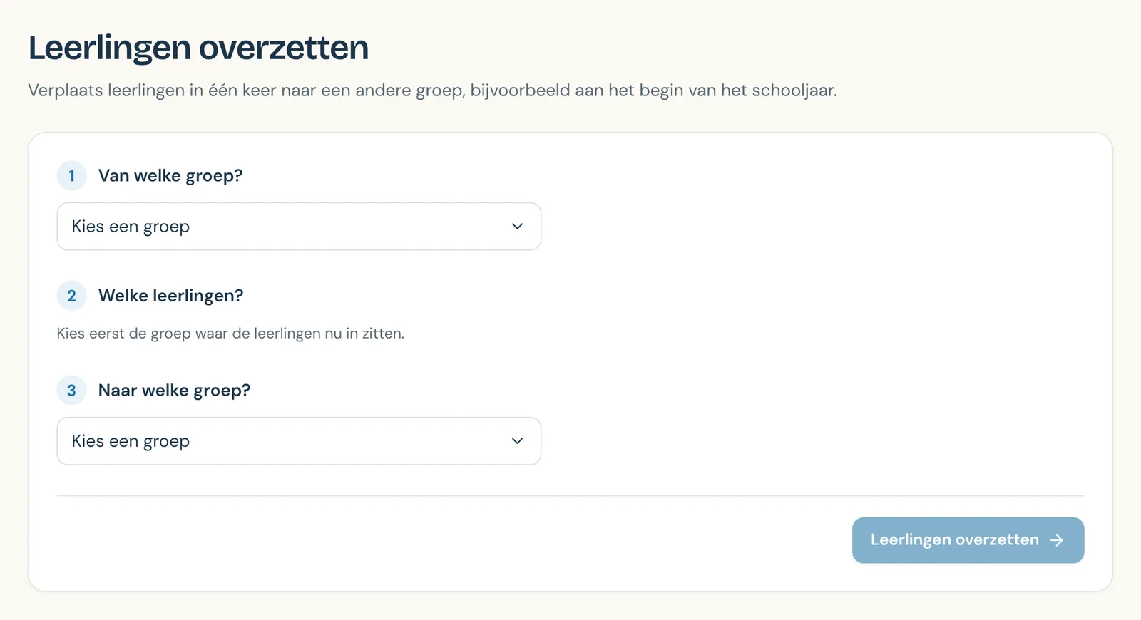 De pagina Leerlingen overzetten in drie stappen: Van welke groep, Welke leerlingen en Naar welke groep, met de knop Leerlingen overzetten.