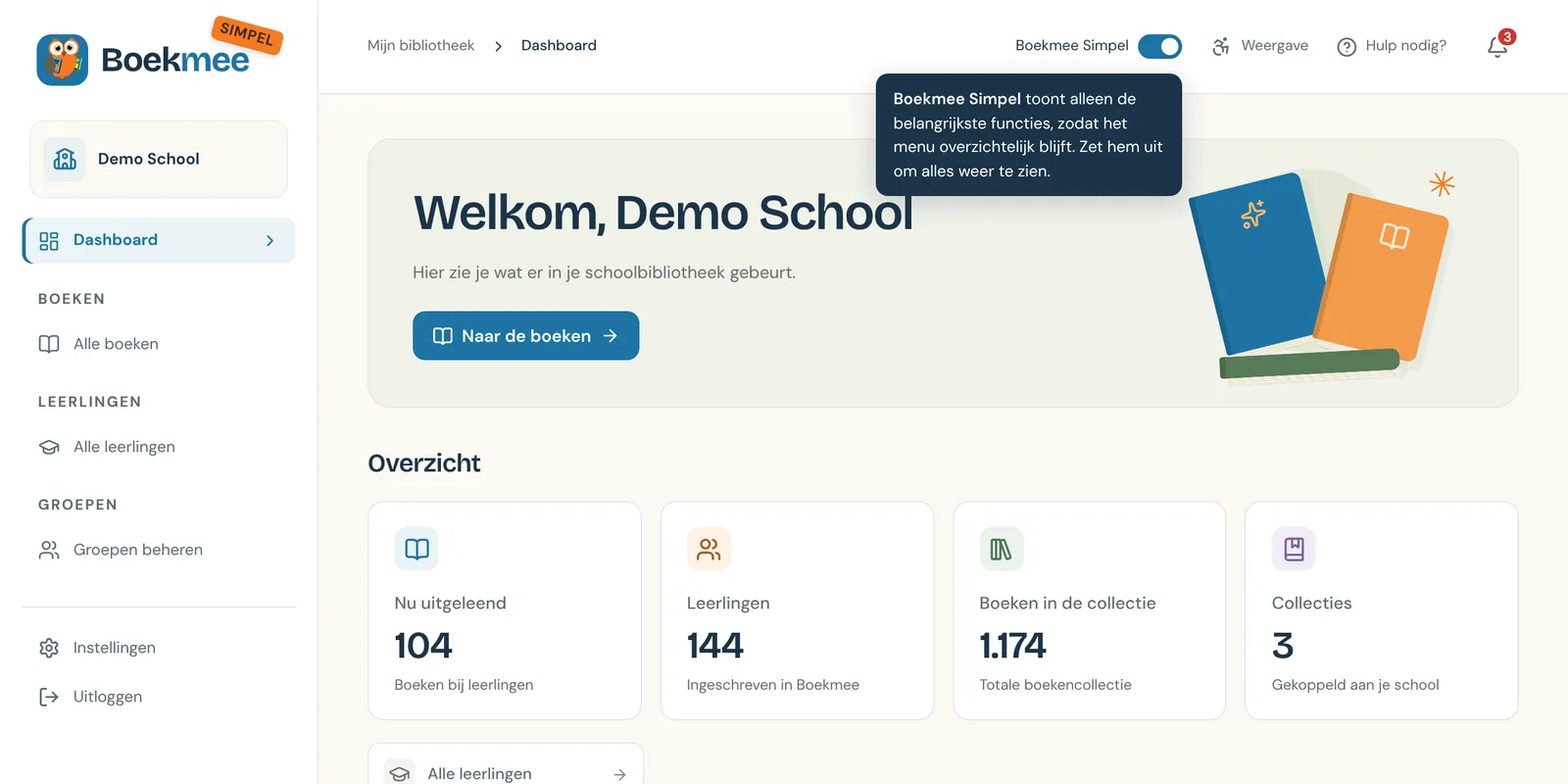 Boekmee met Boekmee Simpel aan. Het menu toont Dashboard, Alle boeken, Alle leerlingen, Groepen beheren, Instellingen en Uitloggen. Rechtsboven staat de schakelaar aan.