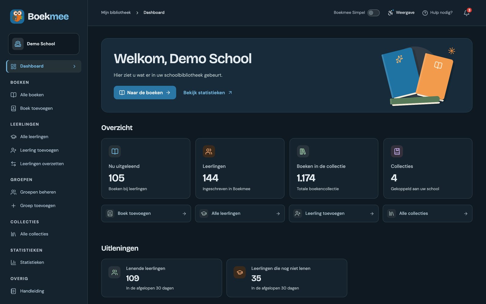 Het Boekmee-dashboard in donkere modus.